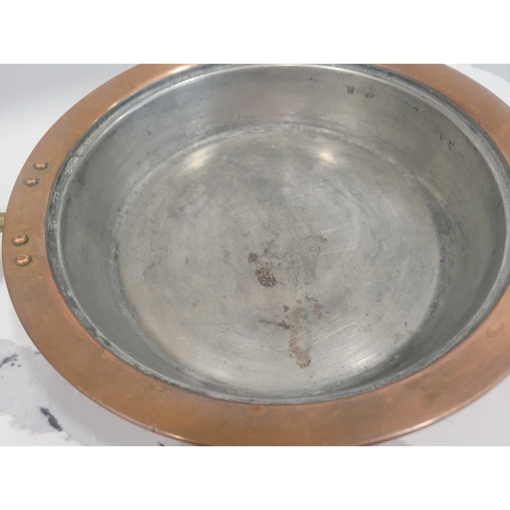 VINTAGE COPPER TIN Lined WOOD Handle COOKING Pan With Brass 9 1/2 Inch Diameter